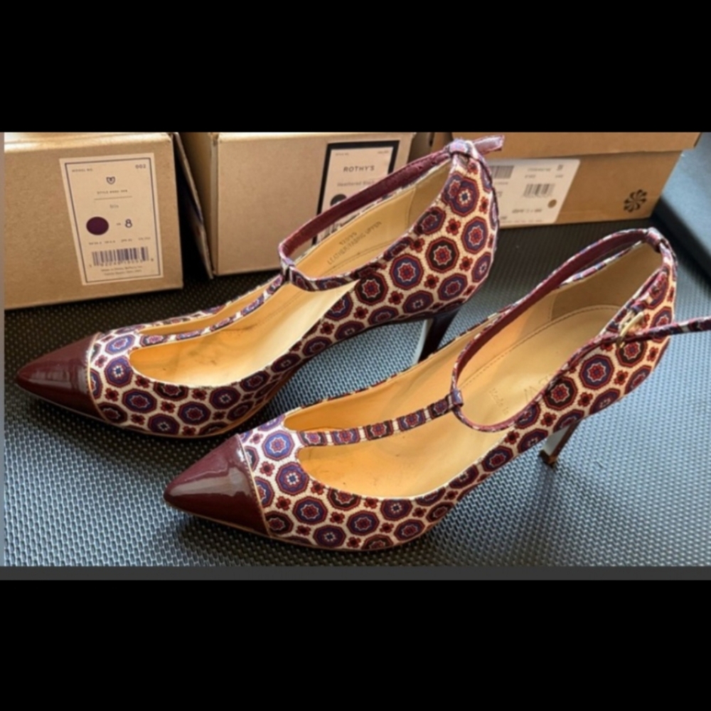 Patterned Burgundy T-strap Heels